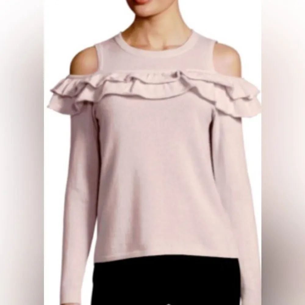 Saks Fifth Avenue Cream cold-Shoulder Ruffle Cashmere Sweater medium